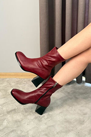 Kadın Marina Bordo Bot 7 cm Kalın Topuklu Streç Boots