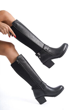 Kadın Loft Halat Toka Detaylı Dalgıç Kumaş Çizme  Siyah