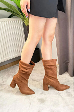 Kadın Nomire Taba Süet Büzgülü Sivri Burun Kalın Topuklu Bot