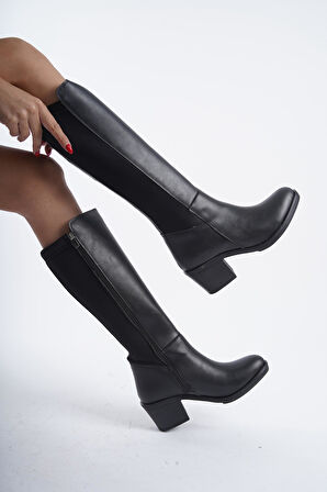 Kadın Leydi Dalgıç Kumaş Dizaltı Çizme  Siyah