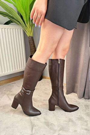 Kadın Lamor Yandan Fermuarlı Diz Altı Çizme  Kahverengi Tokalı