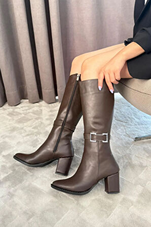 Kadın Lamor Yandan Fermuarlı Diz Altı Çizme  Kahverengi Tokalı