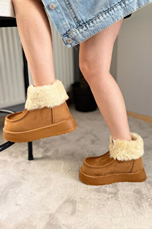Kadın İmpera Taba Süet Kürklü Fermuarlı 4 cm Kalın Tabanlı Kısa Bot