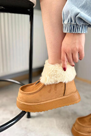 Kadın İmpera Taba Süet Kürklü Fermuarlı 4 cm Kalın Tabanlı Kısa Bot