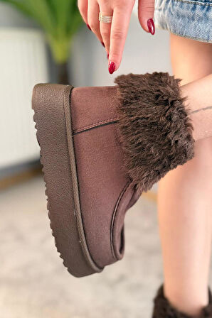 Kadın İmpera Kahverengi Süet Kürklü Fermuarlı 4 cm Kalın Tabanlı Kısa Bot