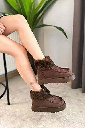Kadın İmpera Kahverengi Süet Kürklü Fermuarlı 4 cm Kalın Tabanlı Kısa Bot