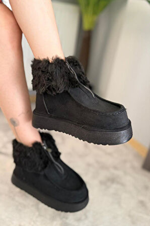 Kadın İmpera Siyah Süet Kürklü Fermuarlı 4 cm Kalın Tabanlı Kısa Bot