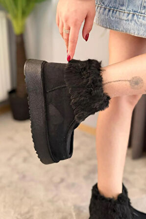 Kadın İmpera Siyah Süet Kürklü Fermuarlı 4 cm Kalın Tabanlı Kısa Bot