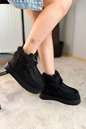 Kadın İmpera Siyah Süet Kürklü Fermuarlı 4 cm Kalın Tabanlı Kısa Bot