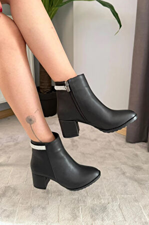 Kadın Trend Siyah Arkadan Taşlı ( 6 cm ) Topuklu Oval Burun Bot