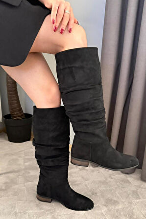Kadın Mika Siyah Süet Düz Taban Büzgülü Diz Altı Boy Çekme Çizme