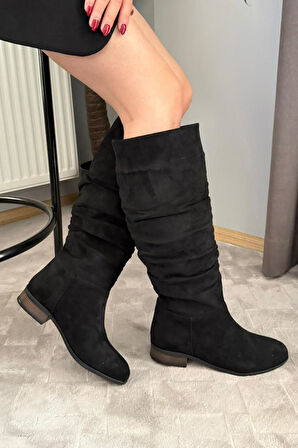 Kadın Mika Siyah Süet Düz Taban Büzgülü Diz Altı Boy Çekme Çizme