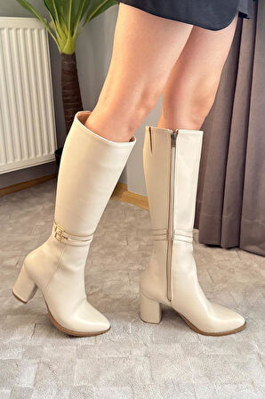 Kadın Mikeno Tokalı Yandan Fermuarlı Diz Altı Çizme  Krem
