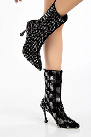 Kadın Londen Siyah Süet Gümüş Taş İşlemeli 9 cm İnce Topuklu Arkadan Fermuarlı Kısa Çizme-Bot