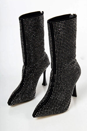 Kadın Londen Siyah Süet Gümüş Taş İşlemeli 9 cm İnce Topuklu Arkadan Fermuarlı Kısa Çizme-Bot