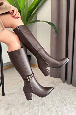 Kadın Mikeno Tokalı Yandan Fermuarlı Diz Altı Çizme  Kahverengi