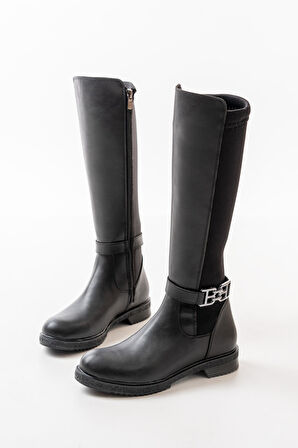 Kadın Lora Tokalı Dalgıç Kumaş Düz Taban Çizme  Siyah