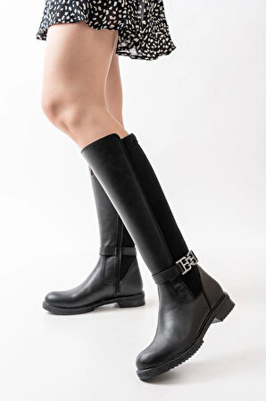 Kadın Lora Tokalı Dalgıç Kumaş Düz Taban Çizme  Siyah