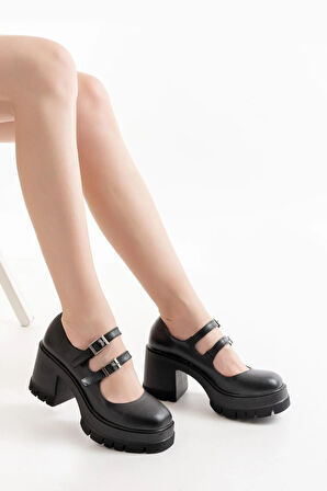 Kadın Samba İki Baletli 8 Cm Topuklu Platformlu Ayakkabı  Siyah