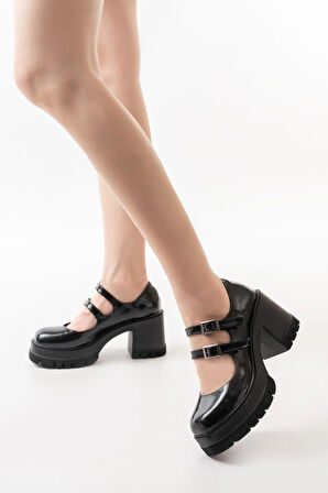 Kadın Samba İki Baletli 8 Cm Topuklu Platformlu Ayakkabı  Siyah Rugan