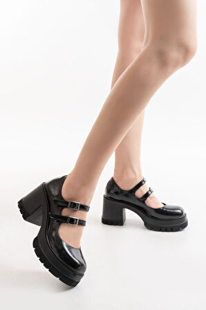 Kadın Samba İki Baletli 8 Cm Topuklu Platformlu Ayakkabı  Siyah Rugan