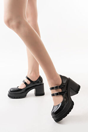 Kadın Samba İki Baletli 8 Cm Topuklu Platformlu Ayakkabı  Siyah Rugan