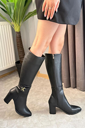 Kadın Lara Yandan Fermuarlı Diz Altı Çizme  Siyah