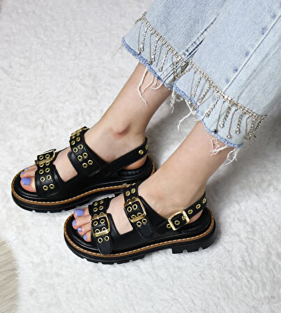 Kadın Simya Siyah Çift Bantlı Kapsül Detaylı Kalın Taban Ortopedik Sandalet  Siyah