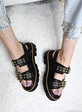 Kadın Simya Siyah Çift Bantlı Kapsül Detaylı Kalın Taban Ortopedik Sandalet  Siyah