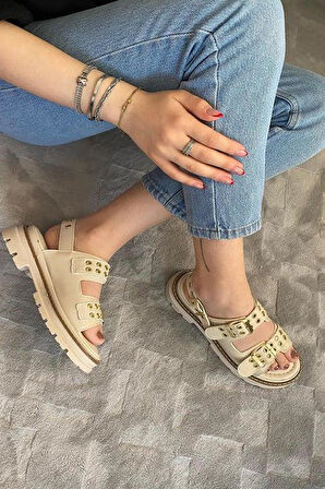 Kadın Simya Krem Çift Bantlı Kapsül Detaylı Kalın Taban Ortopedik Sandalet  Krem