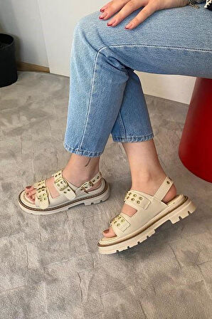 Kadın Simya Krem Çift Bantlı Kapsül Detaylı Kalın Taban Ortopedik Sandalet  Krem