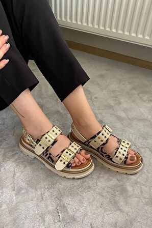 Kadın Simya Bej Leopar Çift Bantlı Kapsül Detaylı Kalın Taban Ortopedik Sandalet  Bej Leopar