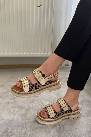 Kadın Simya Bej Leopar Çift Bantlı Kapsül Detaylı Kalın Taban Ortopedik Sandalet  Bej Leopar