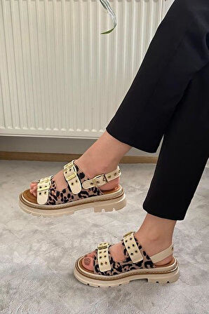 Kadın Simya Bej Leopar Çift Bantlı Kapsül Detaylı Kalın Taban Ortopedik Sandalet  Bej Leopar