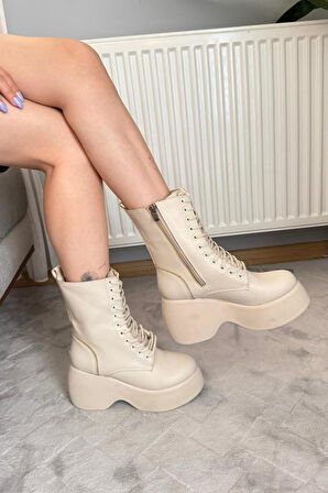 Kadın Riva Bej Cilt Yandan Fermuarlı Bağcıklı Yüksek Dolgu Topuklu Uzun Bot Bootie