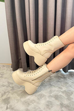 Kadın Riva Bej Cilt Yandan Fermuarlı Bağcıklı Yüksek Dolgu Topuklu Uzun Bot Bootie