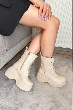 Kadın Riva Bej Cilt Yandan Fermuarlı Bağcıklı Yüksek Dolgu Topuklu Uzun Bot Bootie