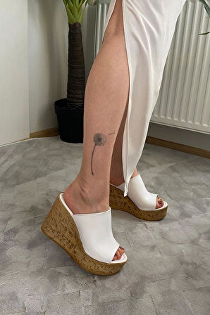 Kadın Limo Beyaz Dolgulu Mantar Taban Terlik 10 Cm  Beyaz