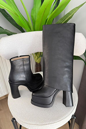 Kadın Estiva Platform Topuklu 12 Cm Tak Çıkar Bot Çizme  Siyah