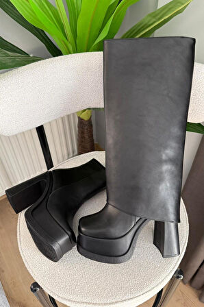 Kadın Estiva Platform Topuklu 12 Cm Tak Çıkar Bot Çizme  Siyah