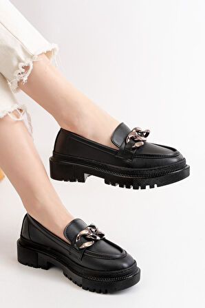 Kadın Somo Siyah Cilt Kalın Tokalı Loafer Ayakkabı  Siyah