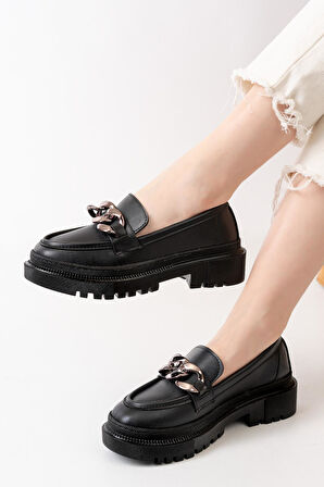 Kadın Somo Siyah Cilt Kalın Tokalı Loafer Ayakkabı  Siyah