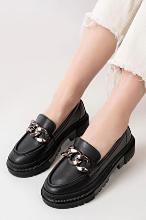 Kadın Somo Siyah Cilt Kalın Tokalı Loafer Ayakkabı  Siyah