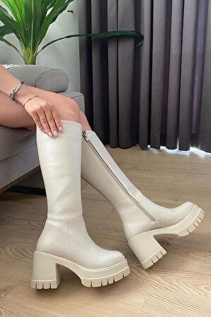 Kadın Fenni Krem Cilt 8 Cm Topuklu Yandan Fermuarlı Çizme  Krem