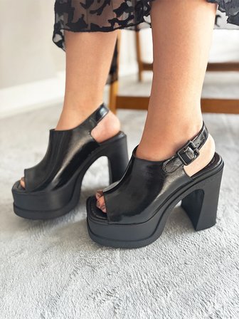 Kadın Veronica Siyah Rugan 12 Cm Önü Ve Arkası Açık Platform Topuklu Ayakkabı  