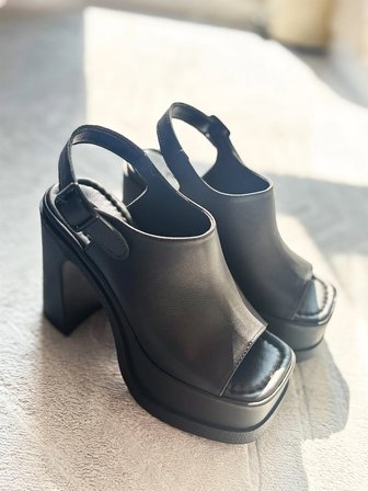Kadın Veronica Siyah Cilt 12 Cm Önü Ve Arkası Açık Platform Topuklu Ayakkabı  