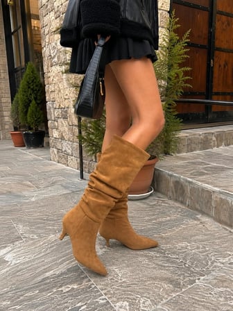 Kadın Tİma Taba 6 Cm Topuklu Körüklü Sivri Burun Çivi Topuk Çizme  