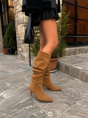 Kadın Tİma Taba 6 Cm Topuklu Körüklü Sivri Burun Çivi Topuk Çizme  