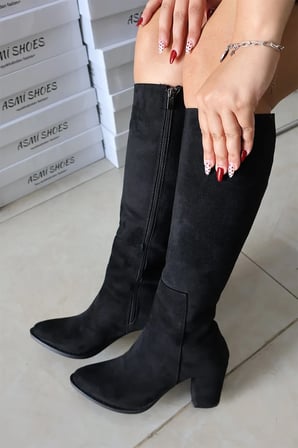 Kadın Lamor Siyah Süet 7 Cm Topuklu Yandan Fermuarlı Diz Altı Çizme 400  