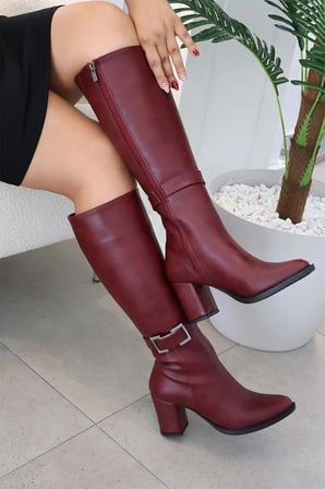 Kadın Lamor Bordo 7 Cm Topuklu Tokalı Yandan Fermuarlı Diz Altı Çizme 410